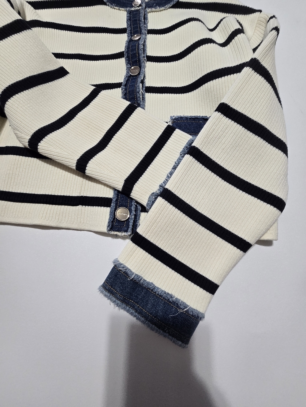 Sandro Stripey Cardigan With Denim Details Knit Crew Neck Long Sleeves Size S - Picture 6 of 13